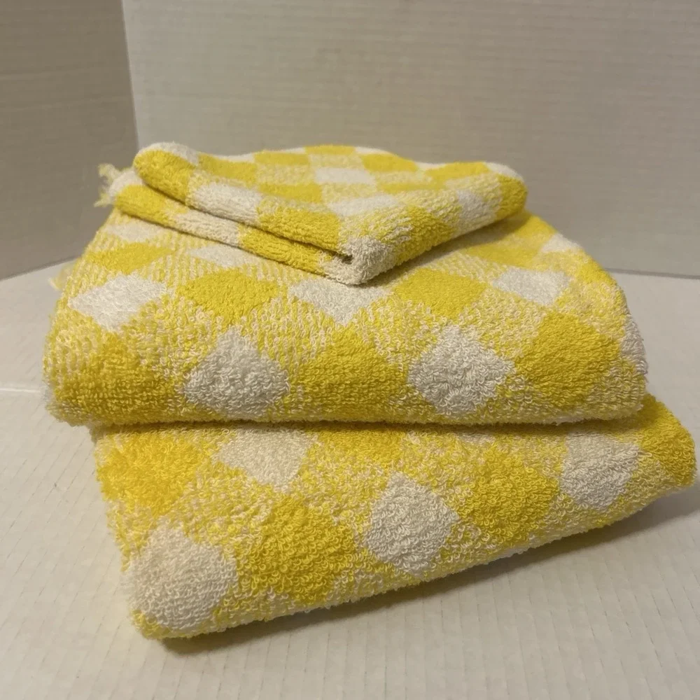 Vintage Yellow & White Gingham Bath Set 3pc JC Penney 2 Bath Towels 1 Washcloth